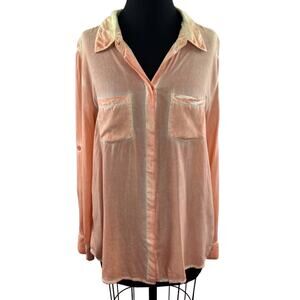 BLL Top Orange Ombre Button-Up Long Sleeve Split Black Top Roll-Tab Sleeves M
